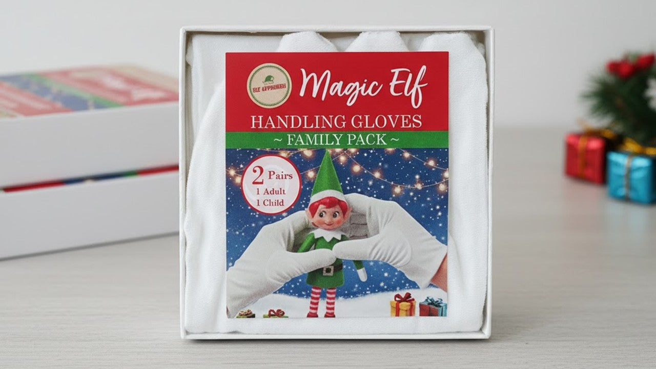 Box of Magic Elf Handling Gloves with Christmas-themed design